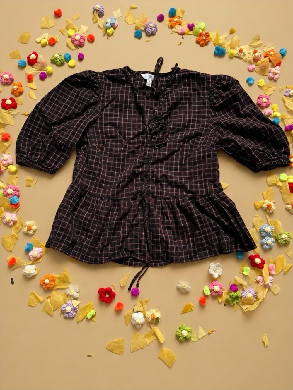 Time and Tru Black Plaid Peplum Blouse